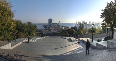 Odessa, Ukraine - 10.12.2018. Panoramic view of Odessa seaside boulevard and sculpture of the founder of the city ?n a sunny autumn morningのeditorial素材