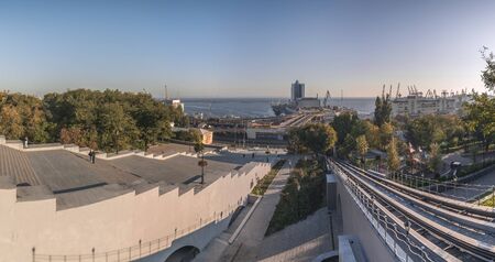Odessa, Ukraine - 10.12.2018. Panoramic view of Odessa seaside boulevard and sculpture of the founder of the city ?n a sunny autumn morningのeditorial素材