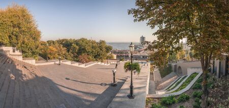 Odessa, Ukraine - 10.12.2018. Panoramic view of Odessa seaside boulevard and sculpture of the founder of the city Ñn a sunny autumn morningのeditorial素材