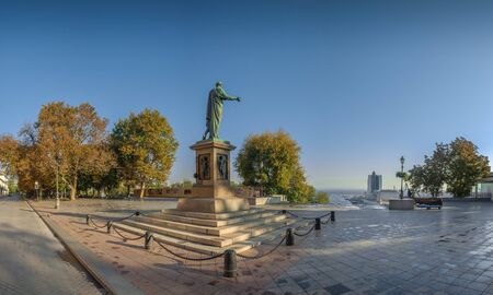 Odessa, Ukraine - 10.12.2018. Panoramic view of Odessa seaside boulevard and sculpture of the founder of the city Ñn a sunny autumn morningのeditorial素材