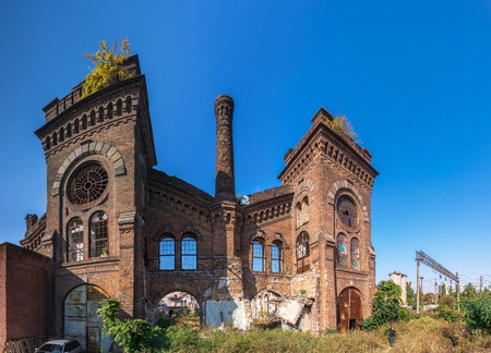 Old abandoned industrial factory Krayan in Odessa, Ukraine, in a sunny summer dayのeditorial素材