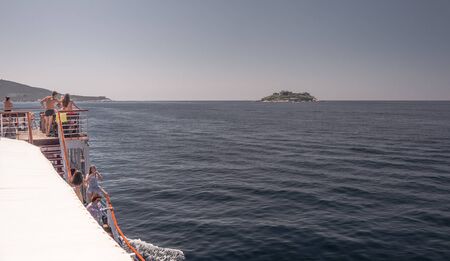 Lustica, Montenegro - 07.11.2018.  Monastery and church of the Assumption on island Mala Gospa near Zanjic on Lustica peninsula, Boka Kotor bay, Montenegroのeditorial素材