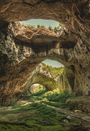 Panoramic view inside the Devetashka Cave near Devetaki village and Osam river in Bulgariaの写真素材