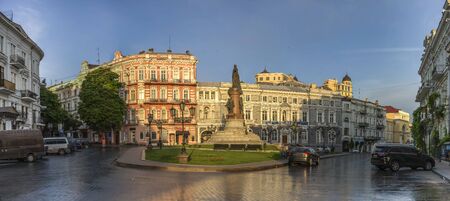 Odessa, Ukraine - 06.12.2018. Sunny summer morning in the historical center of Odessa, Ukraine. Catherine Square and Hotel Parisのeditorial素材