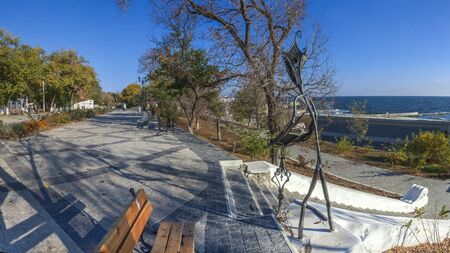Odessa, Ukraine - 08.11. 2019.  Deserted autumn landscape of Langeron beach, the Black Sea resort in Odessa, Ukraineのeditorial素材