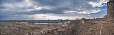 Panoramic view of the Dniester River and the arched bridge from the side of an ancient cream in Bendery, Moldovaのeditorial素材