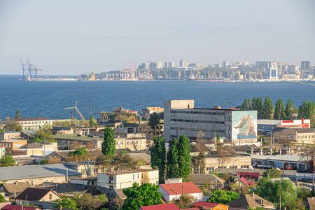 Top view of the industrial zone of Odessa, Ukraine, in the area of Peresyp and the Kotovsky district on a sunny summer dayの写真素材