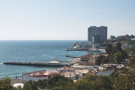 Odessa, Ukraine - 09.23.2019. Panoramic top view of the beach of the coast of Odessa on a sunny autumn dayのeditorial素材