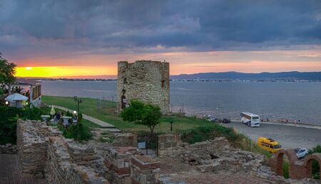 Nessebar, Bulgaria â 07.09.2019. Old Windmill on the promenade of Nessebar, Bulgaria, on a sunny summer eveningのeditorial素材