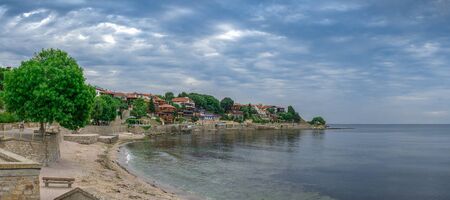 Nessebar, Bulgaria â 07.10.2019.  Seashore of the old town of Nessebar, Bulgaria, on a cloudy summer morningのeditorial素材