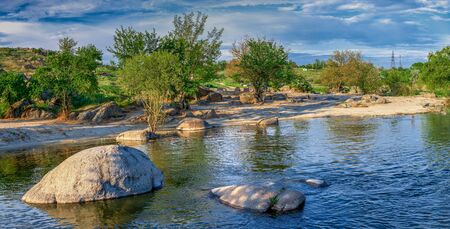 Beautiful view of the Southern Bug River near the village of Migiya on a sunny spring dayの写真素材