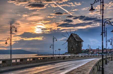 Nessebar, Bulgaria â 07.10.2019.  Old windmill on the way to the ancient city of Nessebar in Bulgariaのeditorial素材