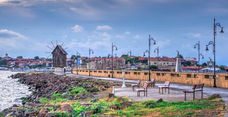 Nessebar, Bulgaria â 07.10.2019.  Road to the old town of Nessebar in Bulgaria, panoramic view on a sunny summer morningのeditorial素材