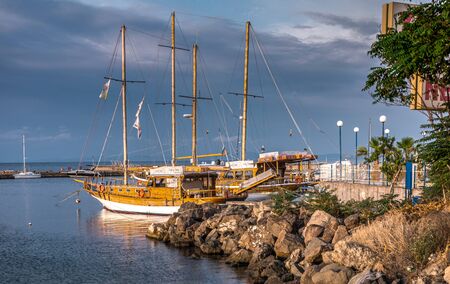 Nessebar, Bulgaria â 07.10.2019.  Pleasure boats at the pier of the old town of Nessebar in Bulgaria on a summer morningのeditorial素材