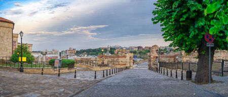 Nessebar, Bulgaria â 07.10.2019.  Ruins of ancient fortifications at the entrance to the Old Town of Nessebar, Bulgaria, on a cloudy summer morningのeditorial素材