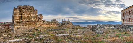 Nessebar, Bulgaria â 07.10.2019.  The ruins of the fortress wall and tower of the old town of Nessebar in Bulgaria on a summer morningのeditorial素材