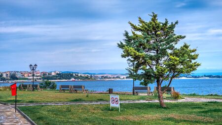 Nessebar, Bulgaria â 07.10.2019.  Embankment and Boulevard in the old town of Nessebar, Bulgaria, on a cloudy summer morningのeditorial素材