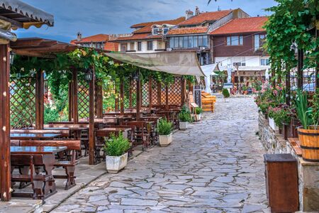 Nessebar, Bulgaria â 07.10.2019.  Restaurants and bars on the promenade of the old town of Nessebar, Bulgariaのeditorial素材