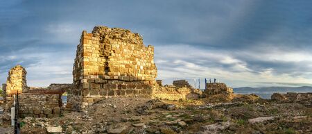 Nessebar, Bulgaria â 07.11.2019.  The ruins of the fortress wall and tower of the old town of Nessebar in Bulgaria on a summer morningのeditorial素材
