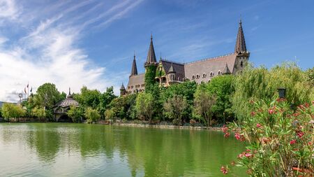 Ravadinovo, Bulgaria â 07.11.2019.  Panoramic view of the Ravadinovo castle from the lake in the village of Ravadinovo, Bulgaria, on a sunny summer dayのeditorial素材