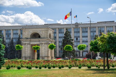 Chisinau, Moldova  06.28.2019. Triumphal arch in the center of Chisinau, capital of Moldova, on a sunny summer dayのeditorial素材