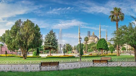 Istambul, Turkey â 07.13.2019. Many tourists walk around Sultan Ahmet Park on the site of a former Hippodrome in Istanbul, Turkey, on a sunny summer morningのeditorial素材
