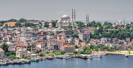 Istambul, Turkey â 07.13.2019. Top view of Eminonu district of Istanbul and Dock For Bosphorus Trips in Turkey on a summer dayのeditorial素材