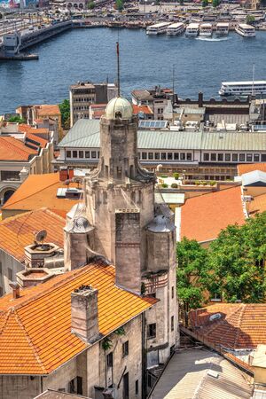Istambul, Turkey â 07.13.2019. Top view of old house and Galata bridge in Turkey on a summer dayのeditorial素材