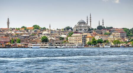 Istambul, Turkey â 07.13.2019. Panoramic view of Port For Bosphorus Trips with pleasure boats in Istambul on a summer dayのeditorial素材