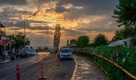 Pamukkale, Turkey â 07.14.2019. Pamukkale village on a cloudy summer evening.のeditorial素材