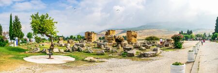 Pamukkale, Turkey â 07.15.2019. Walls of the Hierapolis ancient city in Pamukkale, Turkey, on a top of the white Pamukkale mountain on a summer day.のeditorial素材