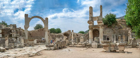 Ephesus, Turkey â€“ 07.17.2019. Ruins of The Domitian square and Domitian Temple in antique...