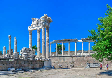 Pergamon, Turkey -07.22.2019. Ruins of the Temple of Dionysos in the Ancient Greek city Pergamon, Turkey. Big size panoramic viewのeditorial素材