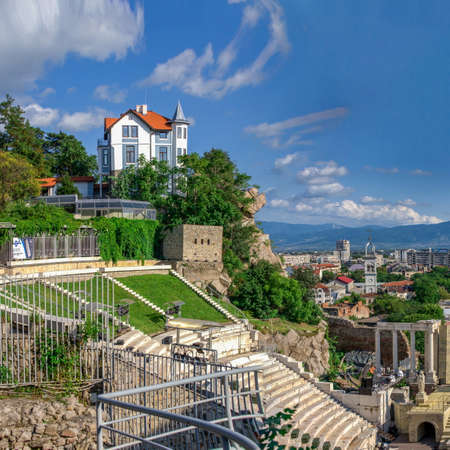 Plovdiv, Bulgaria - 07.24.2019. Ancient Roman amphitheater in Plovdiv, Bulgaria. Big size panoramic view on a sunny summer dayのeditorial素材