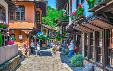 Craftsman street in the Etar Architectural Ethnographic Complex in Bulgaria on a sunny summer dayのeditorial素材