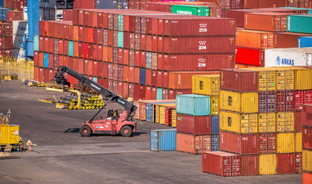 Odessa, Ukraine 09.16.2019. Multi-colored containers in the cargo port and container terminal in Odessa, Ukraineのeditorial素材