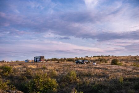 Actovo, Ukraine 09.14.2019. Travellers near the deep granite canyon with the Mertvovod river in...