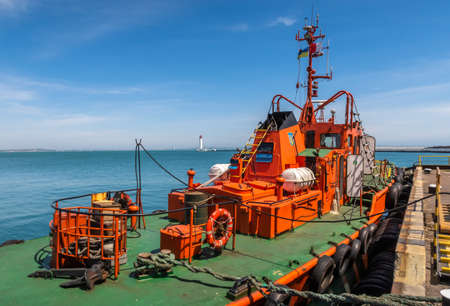 Odessa, Ukraine 06.06.2020. Fire boat in the sea port in Odessa, Ukraine, on a sunny summer dayのeditorial素材