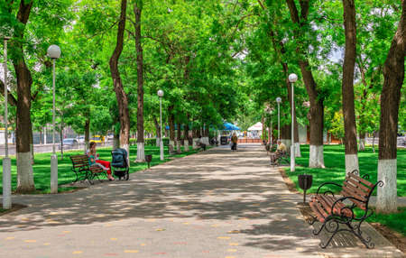 Izmail, Ukraine 06.07.2020. Suvorov Avenue in the city of Izmail, Ukraine, on a sunny summer dayのeditorial素材