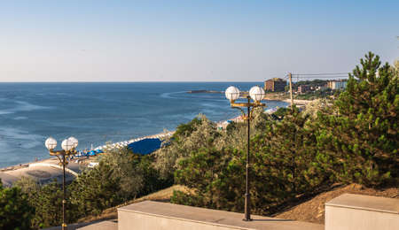 Chernomorsk, Ukraine 08.22.2020. Panoramic view of the Public beach in Chernomorsk city on a sunny...
