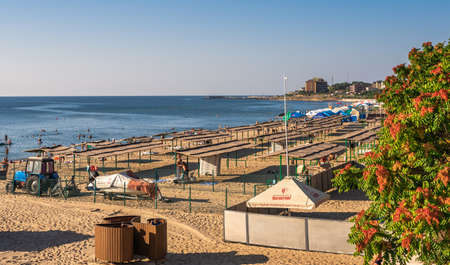 Chernomorsk, Ukraine 08.22.2020. Panoramic view of the Public beach in Chernomorsk city on a sunny summer morningのeditorial素材