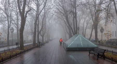 Odessa, Ukraine 11.28.2019. Primorsky Boulevard in Odessa, Ukraine, on a foggy autumn dayのeditorial素材