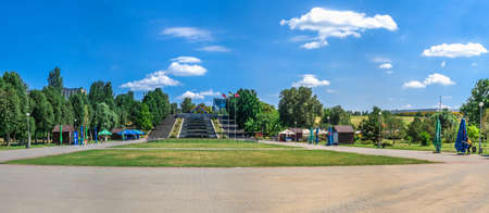 Zaporozhye, Ukraine 07.21.2020. Rainbow Cascade of fountains in Voznesenovsky park on a sunny summer morningのeditorial素材