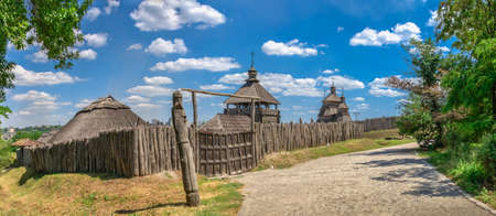 Zaporozhye, Ukraine 07.20.2020. External walls, wooden fence and watchtowers of the National Reserve...