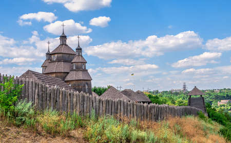 Zaporozhye, Ukraine 07.20.2020. External walls, wooden fence and watchtowers of the National Reserve Khortytsia in Zaporozhye, Ukraine, on a sunny summer dayのeditorial素材