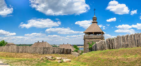 Zaporozhye, Ukraine 07.20.2020. External walls, wooden fence and watchtowers of the National Reserve Khortytsia in Zaporozhye, Ukraine, on a sunny summer dayのeditorial素材