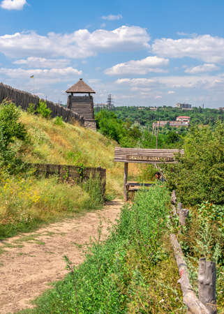 Zaporozhye, Ukraine 07.20.2020. External walls, wooden fence and watchtowers of the National Reserve Khortytsia in Zaporozhye, Ukraine, on a sunny summer dayのeditorial素材