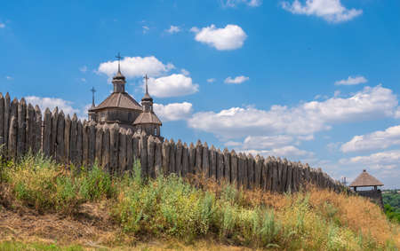 Zaporozhye, Ukraine 07.20.2020. External walls, wooden fence and watchtowers of the National Reserve...