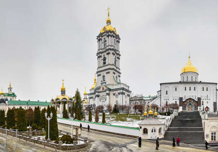 Pochaev, Ukraine 04/01/2020. Holy Dormition Pochaev Lavra in Pochaiv, Ukraine, on a gloomy winter...