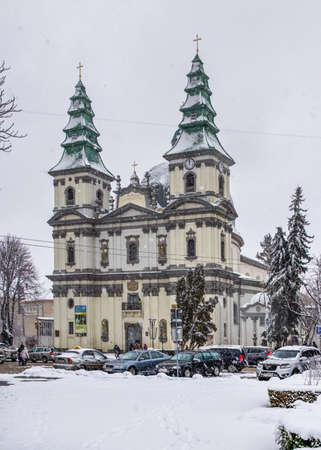 Ternopil, Ukraine 05/01/2020. Church of the Immaculate Conception of the Blessed Virgin Mary in Ternopol, Ukraine, on a snowy winter morningのeditorial素材